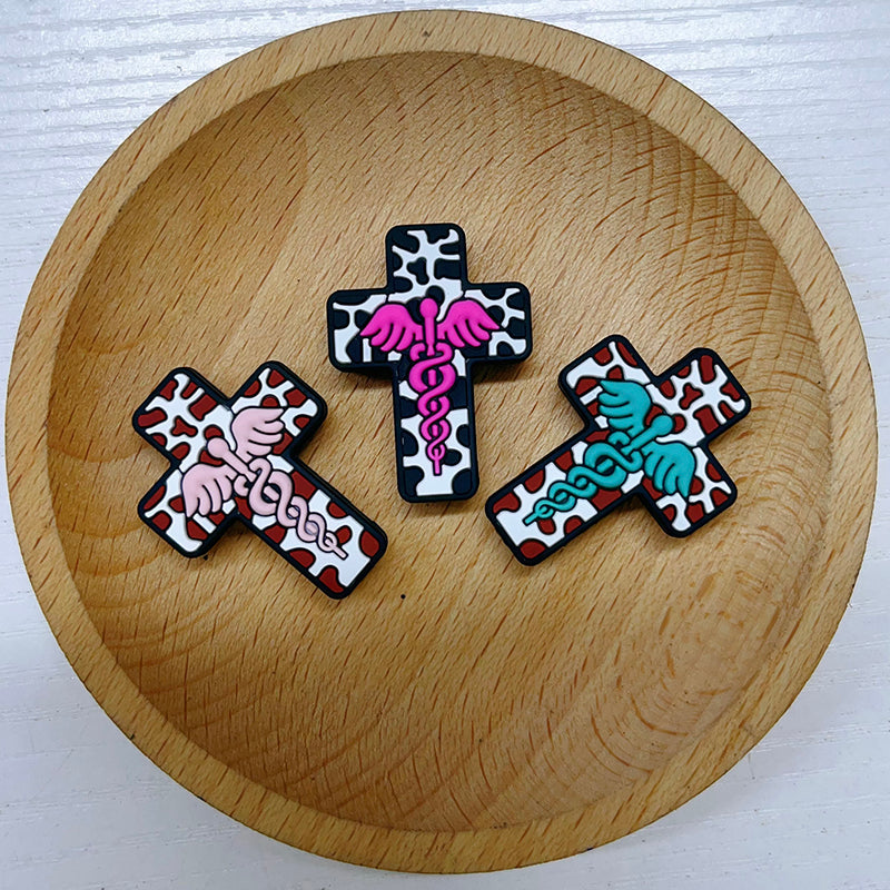 Silicone Focal Beads Nurse Cross With Cow Print Pink Caduceus 20pcs 3