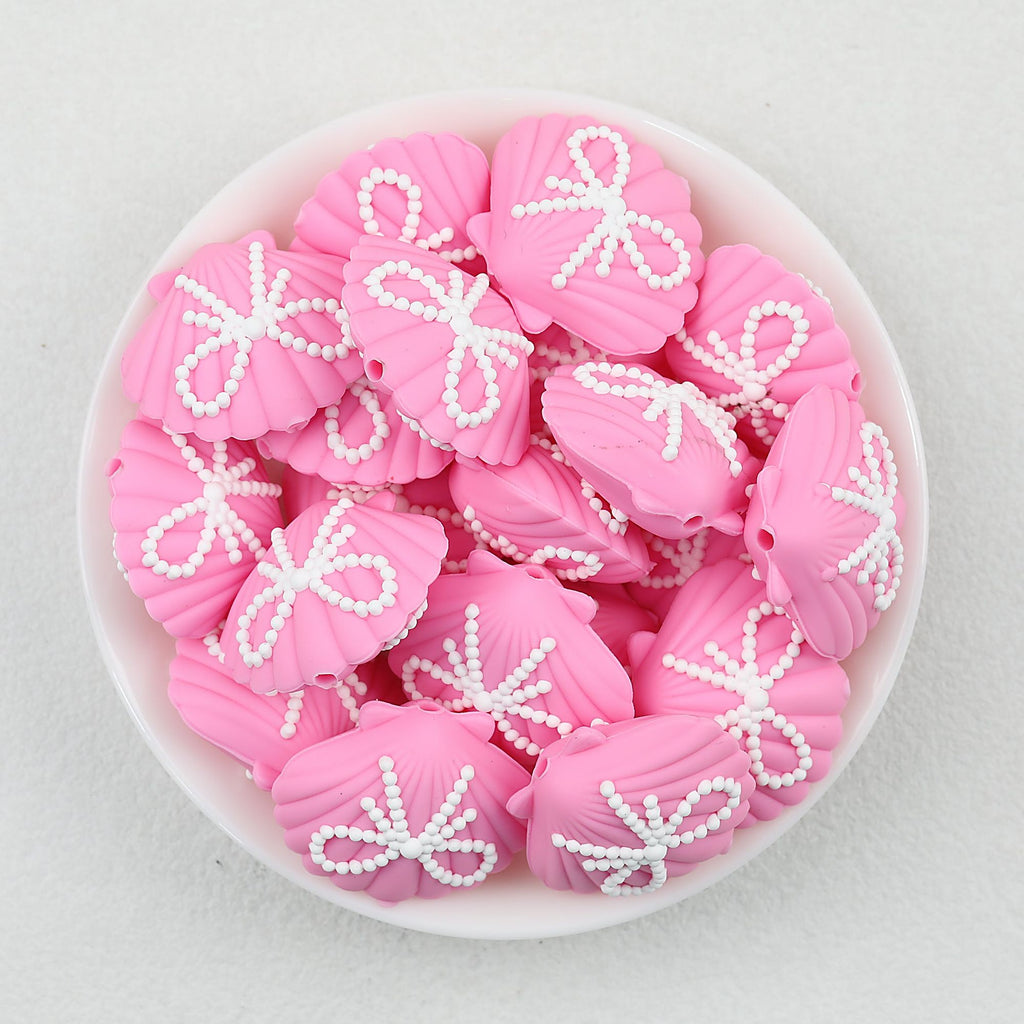3D Pink Shell Pattern Silicone Focal Beads with White Dot Bow 20pcs