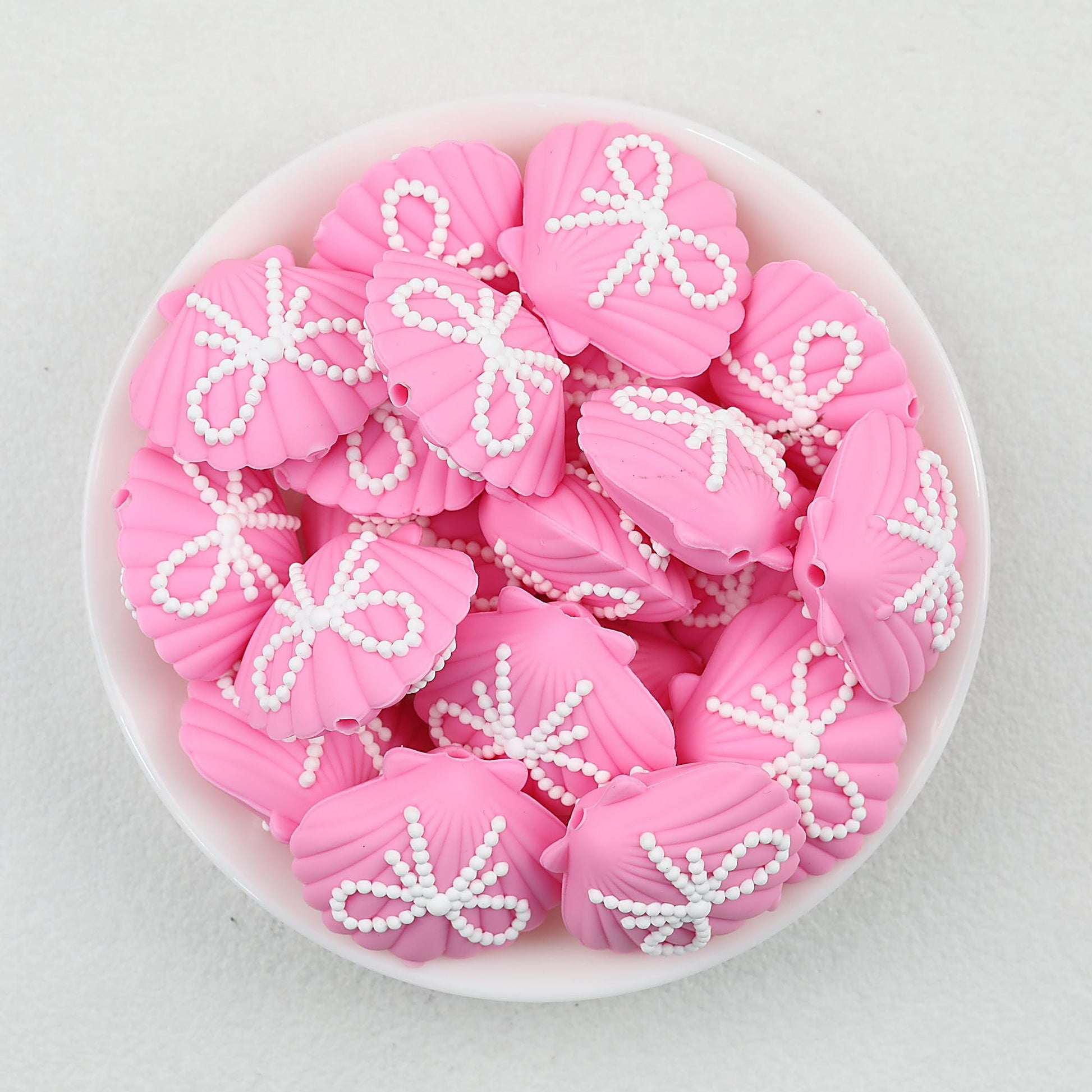 3D Pink Shell Pattern Silicone Focal Beads with White Dot Bow 20pcs