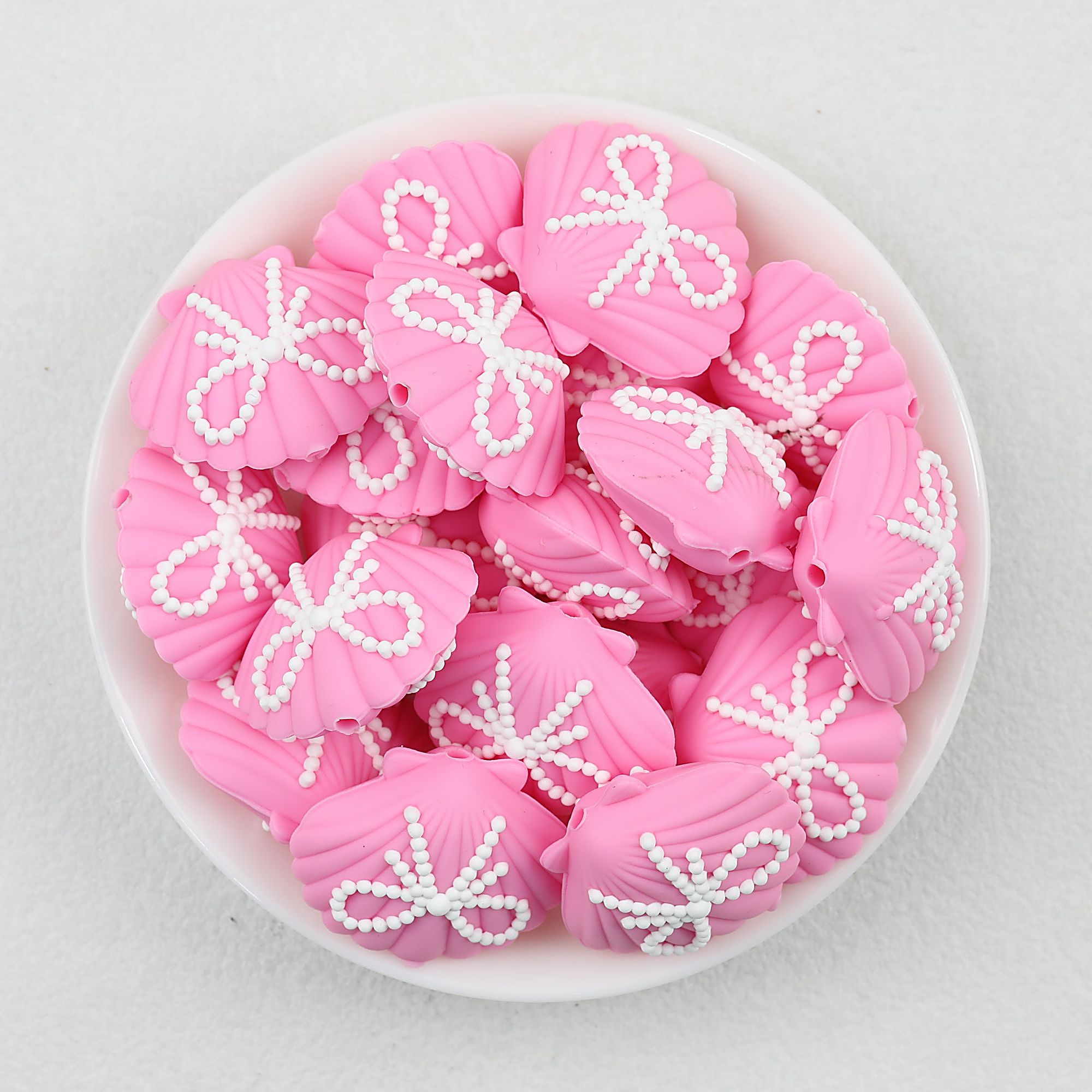 3D Pink Shell Pattern Silicone Focal Beads with White Dot Bow 20pcs
