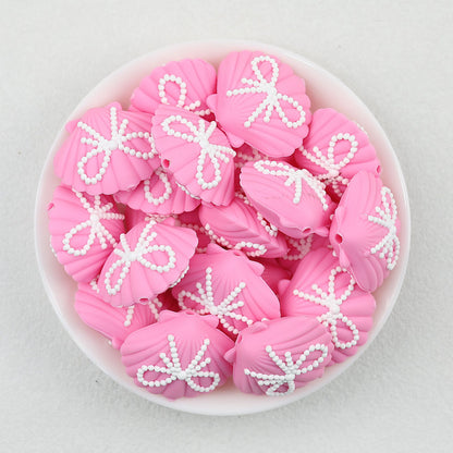 3D Pink Shell Pattern Silicone Focal Beads with White Dot Bow 20pcs