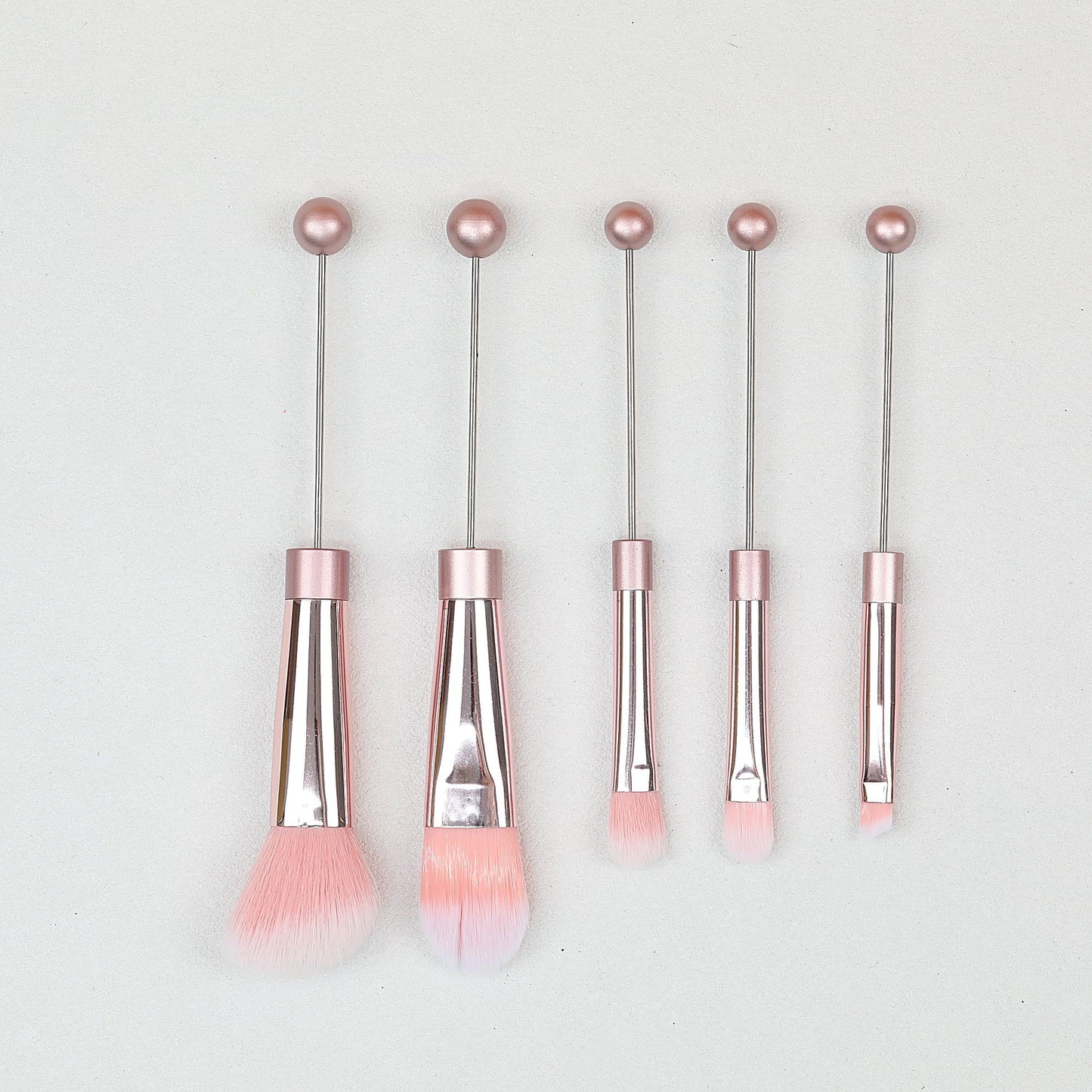 Beadable Makeup Brush Set Metal Handle Artificial Fiber Bristles 5pcs - Rose gold