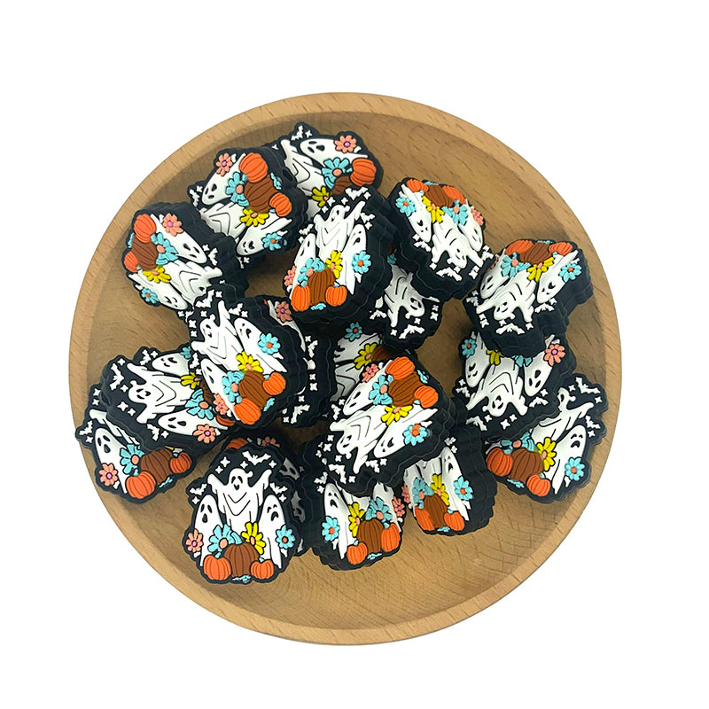 Silicone Focal Beads Halloween Ghost Pumpkin Daisy Black Background 20pcs 2