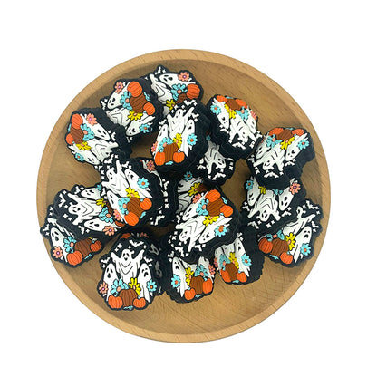 Silicone Focal Beads Halloween Ghost Pumpkin Daisy Black Background 20pcs 2