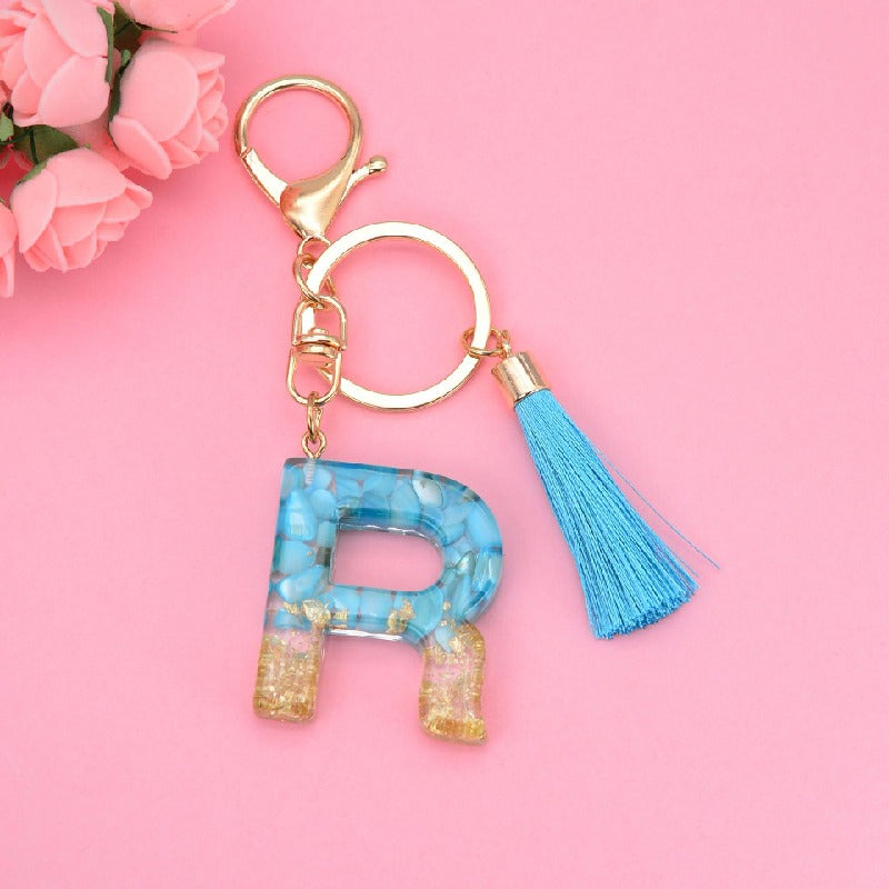 Blue Resin Tassel Monogram Keychain with Gold Flake Accent 20