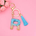 Blue Resin Tassel Monogram Keychain with Gold Flake Accent 20