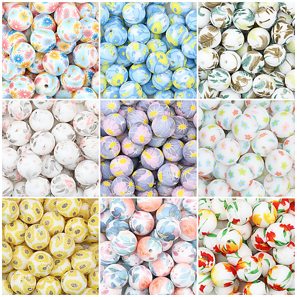 15mm Light Floral Print Round Silicone Beads 50 pcs