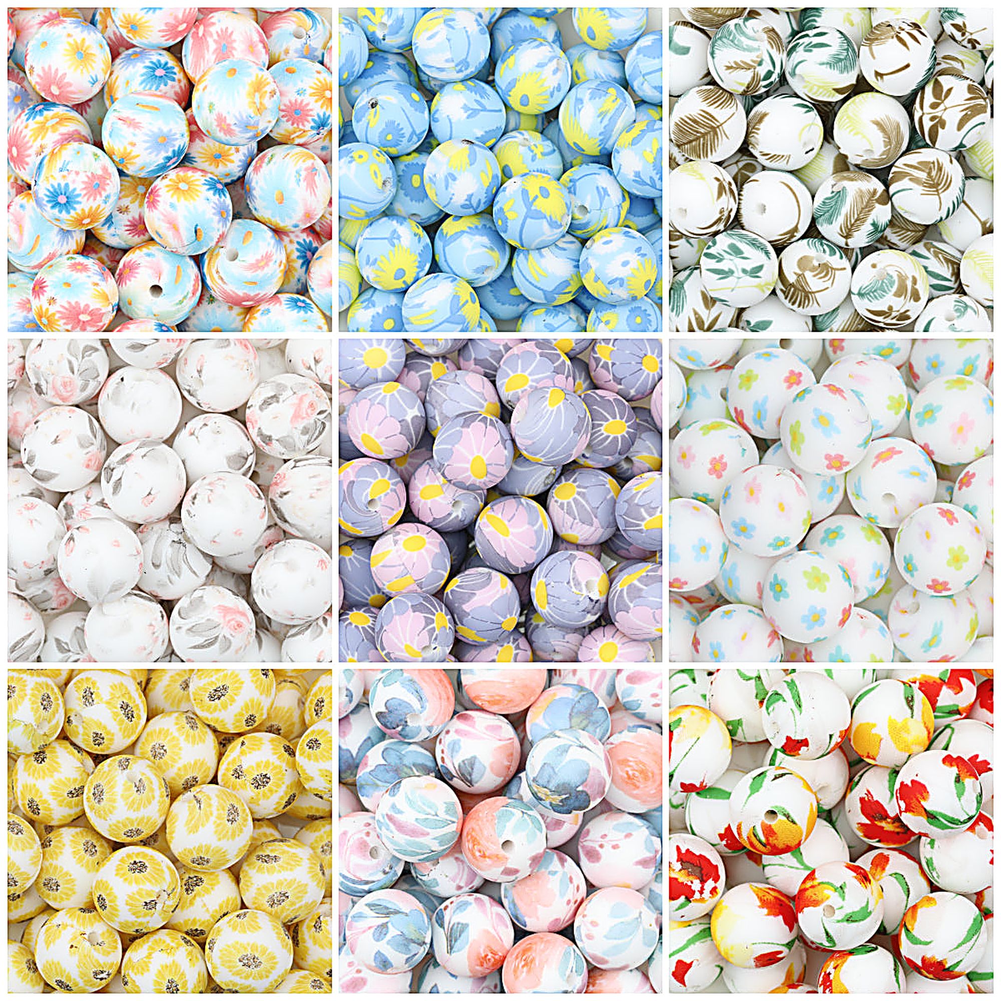 15mm Light Floral Print Round Silicone Beads 50 pcs