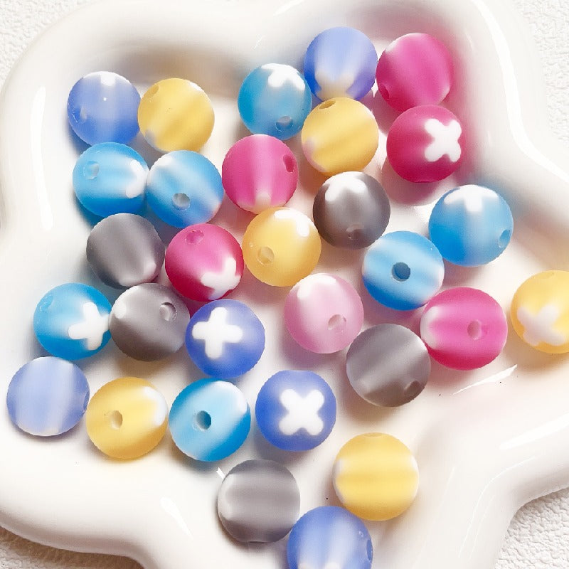 Frosted Round Acrylic Beads 16mm Bicolor White Cross 10pcs