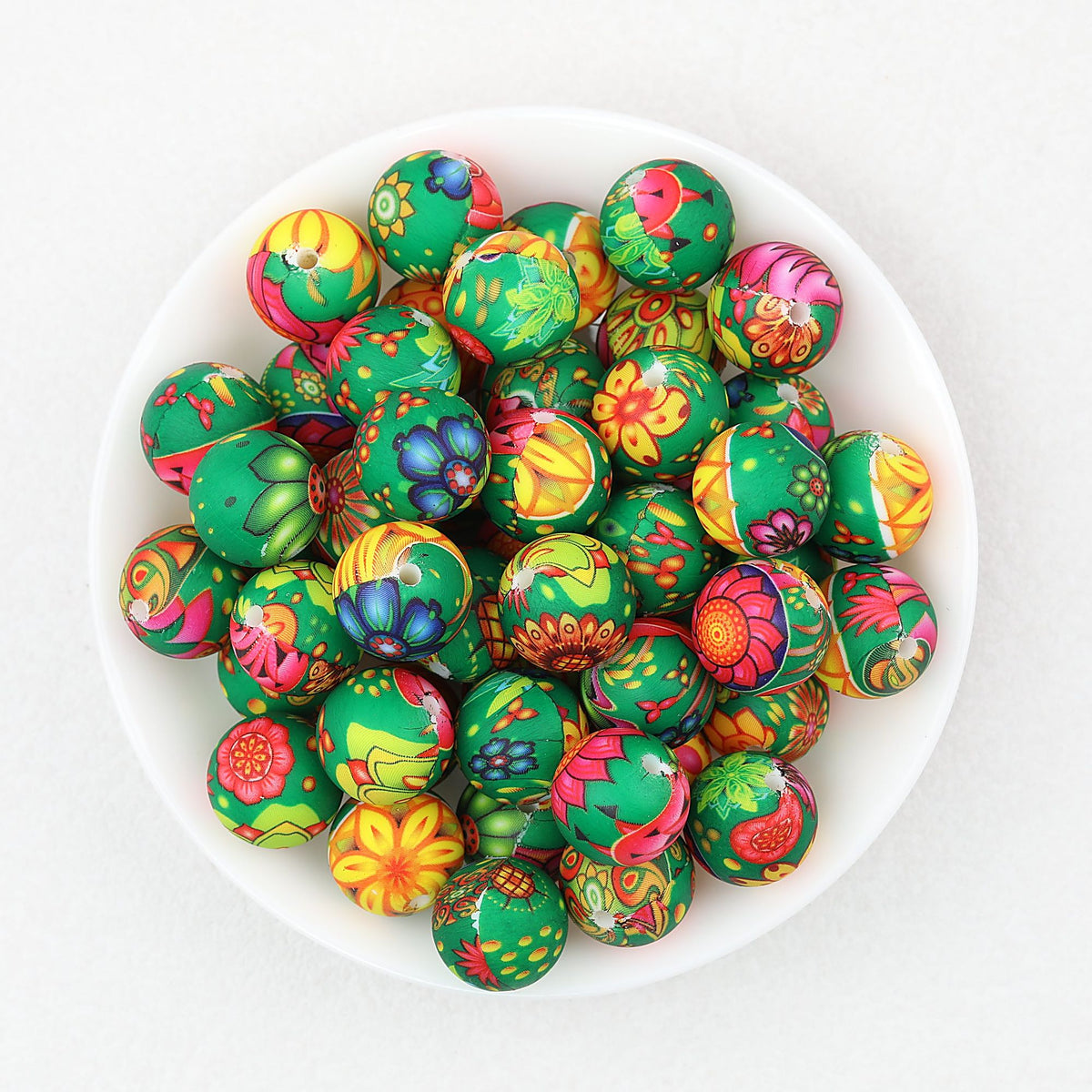 15mm Printed Floral Silicone Beads Multicolor Patterned 50pcs - Lotus Flower