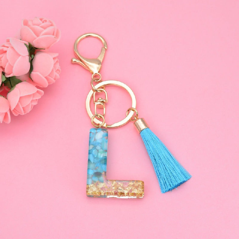 Blue Resin Tassel Monogram Keychain with Gold Flake Accent 14