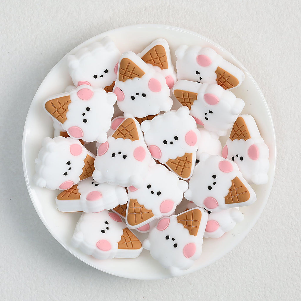 Cute Ice Cream and Animal Silicone Focal Beads 20 pcs - White