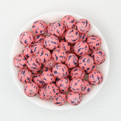 15mm US Themed Printed Silicone Round Beads 50pcs - Small US Flag