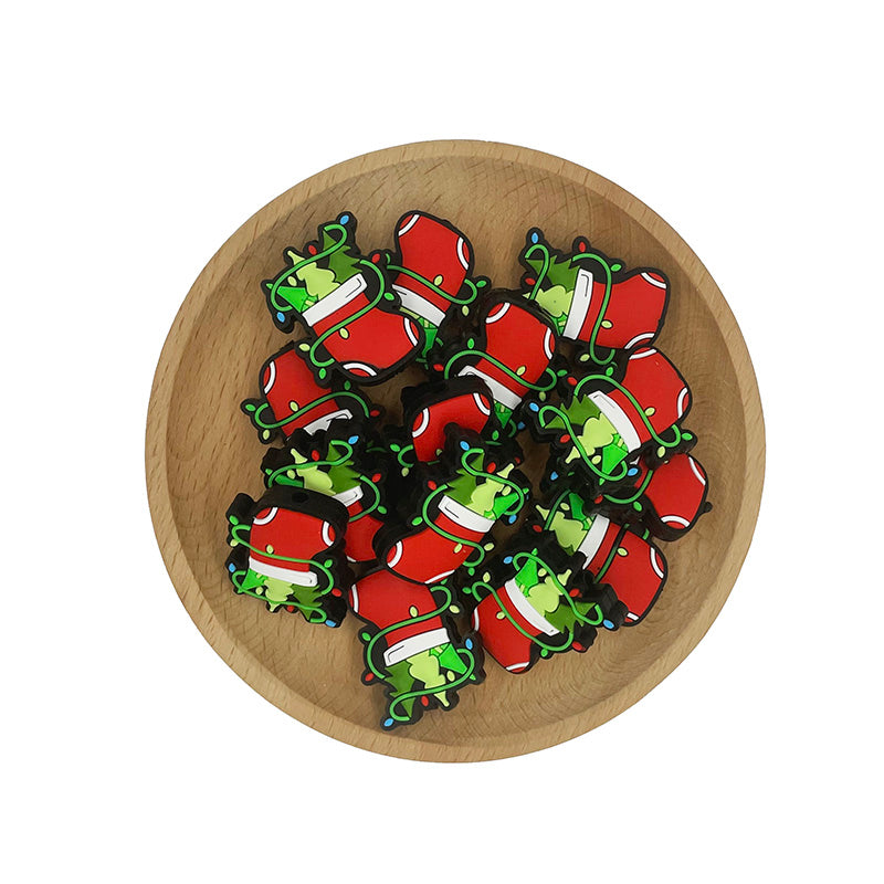 Silicone Focal Beads Christmas Stocking Wrapped with Colorful Lights 20pcs 2