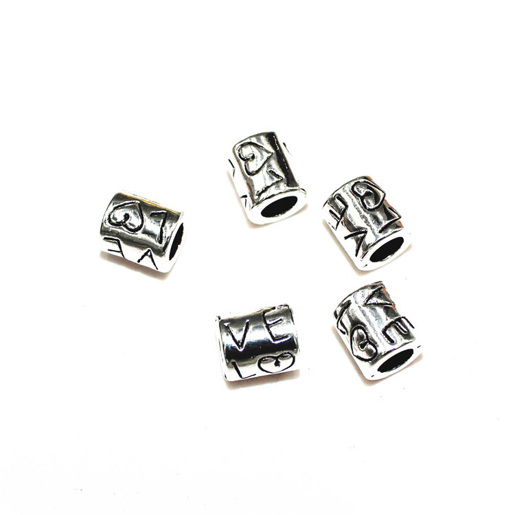 Tube Metal Beads 9x8mm Love Lettering Silver Tone 50pcs