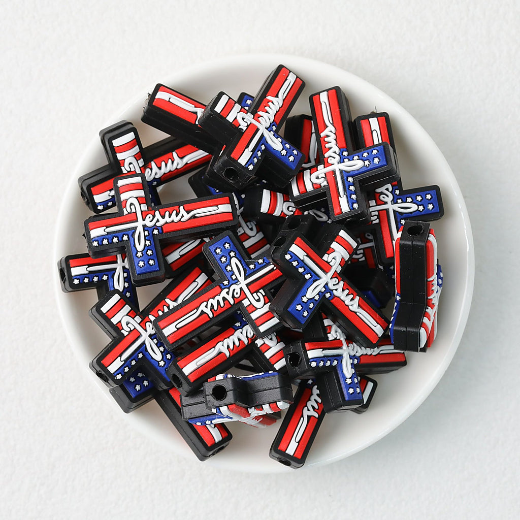 American Flag Cross Independence Day Silicone Focal Beads 20pcs