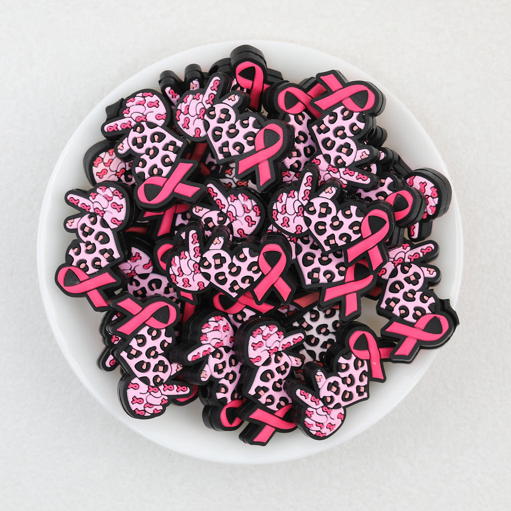 Leopard Heart Silicone Focal Beads Wholesale, Pink Ribbon Pattern