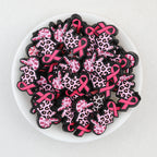 Leopard Heart Silicone Focal Beads Wholesale, Pink Ribbon Pattern