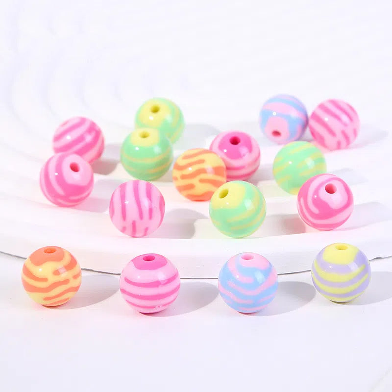 Cartoon Round Acrylic Beads 14mm Striped Complementary Colors 50pcs