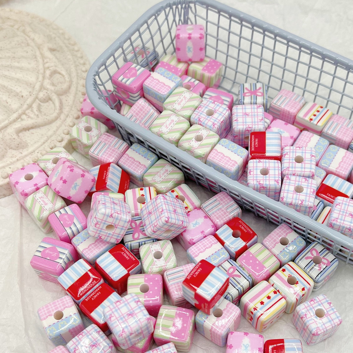 Printed Square Acrylic Beads 14mm Fresh Pink Tone 10pcs