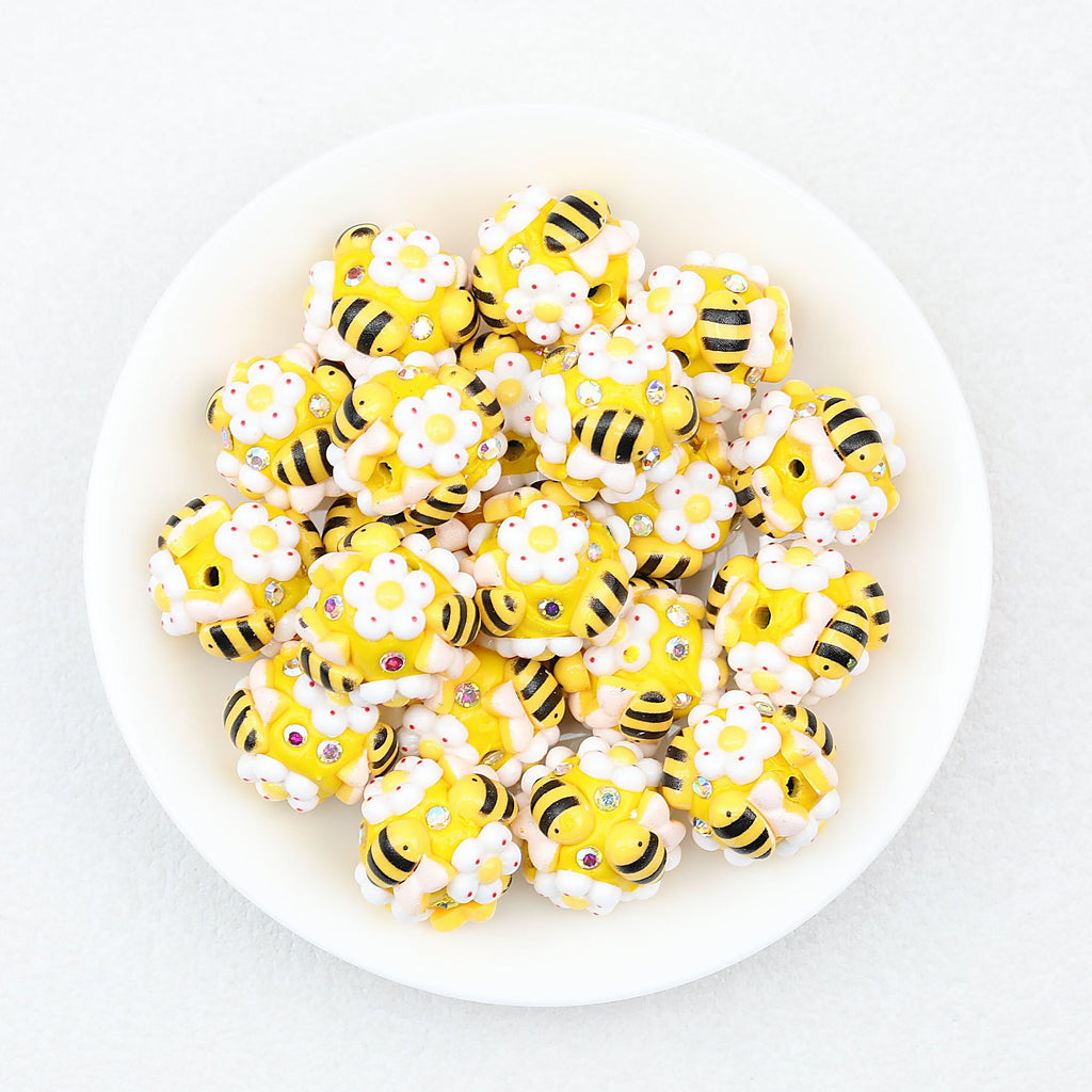 Bee and Flower 20mm Resin Bubblegum Beads Yellow White 10pcs - Yellow White