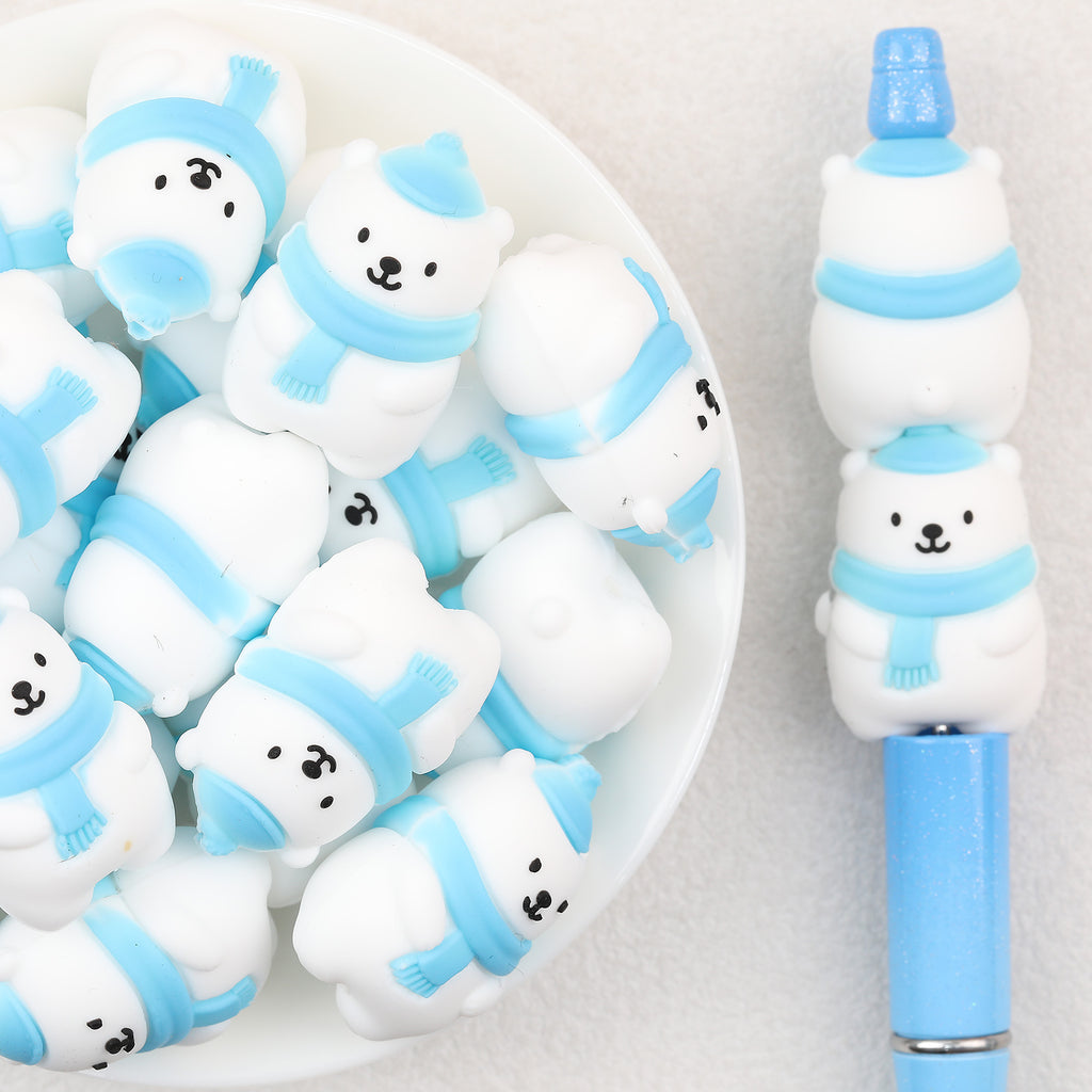 3D Winter Blue Scarf Polar Bear Silicone Focal Beads