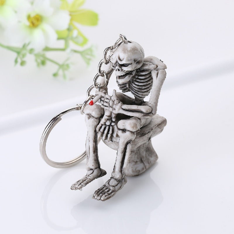 Rubber Halloween Skull Keychain Creative Skeleton on Throne Grey 2