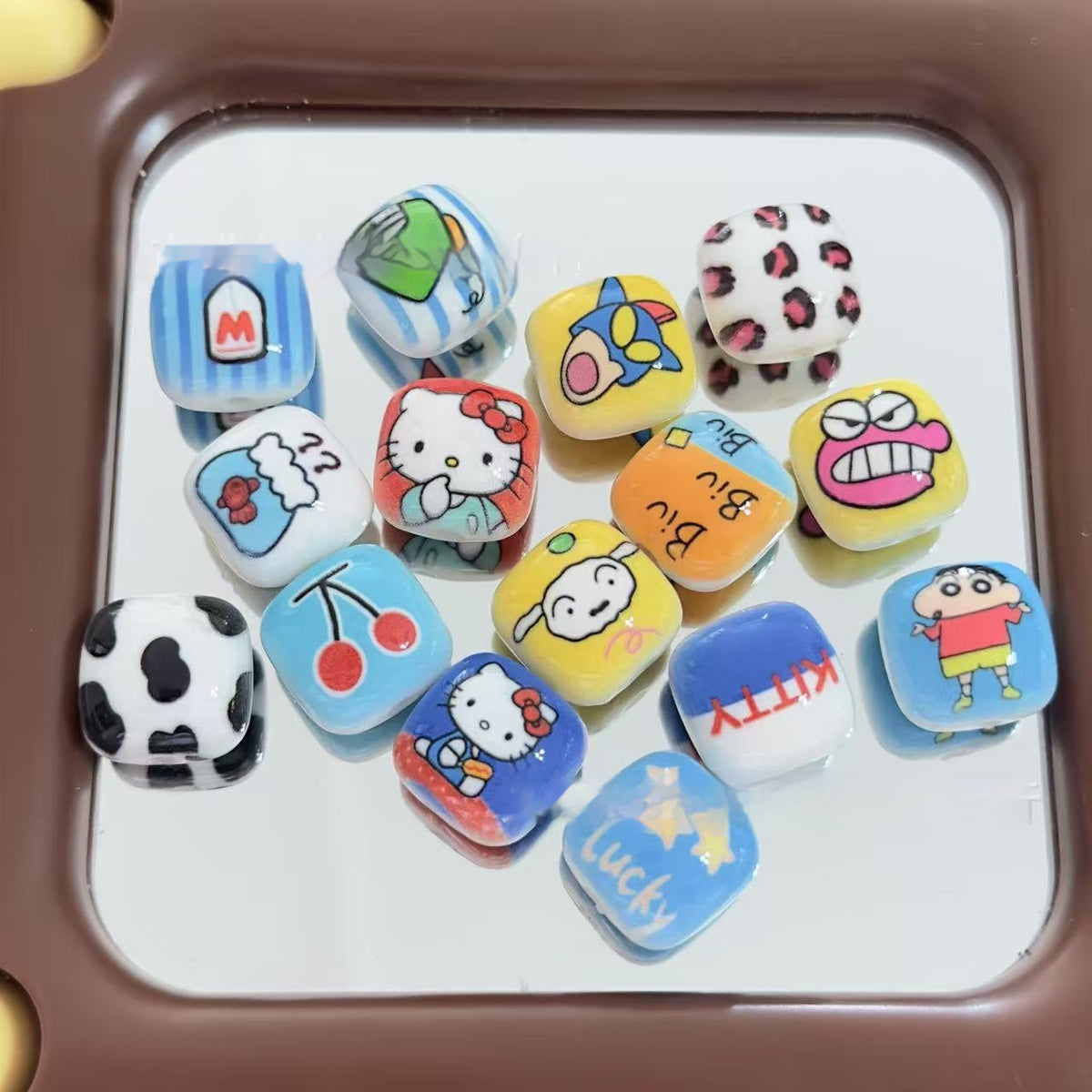 Acrylic Square Beads 16mm Glossy Cartoon Faces 10pcs