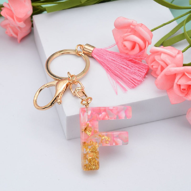 Resin Floral Pink Tassel Monogram Keychain Alphabet Letter A 6
