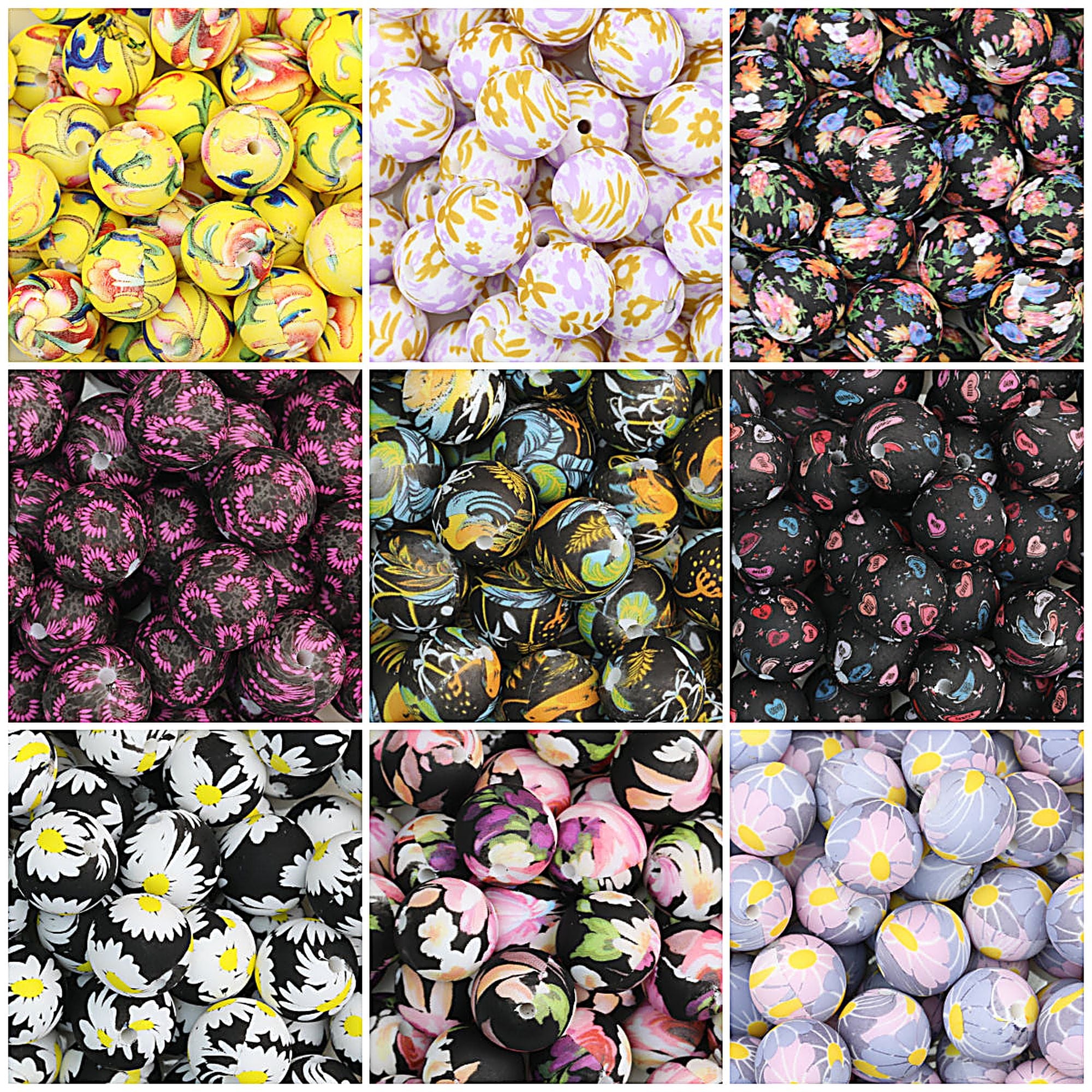 15mm Floral Printed Round Silicone Beads Detailed Design 50pcs