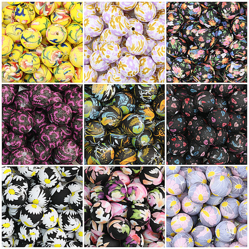 15mm Floral Printed Round Silicone Beads Detailed Design 50pcs