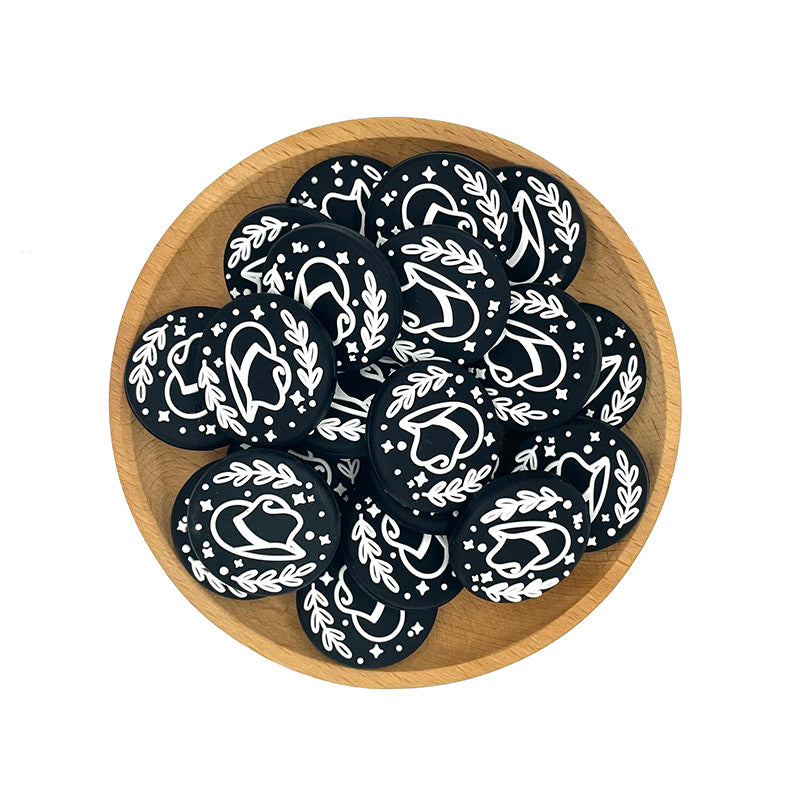 Silicone Focal Beads Western Cowboy Hat Black and White Design 20pcs 2