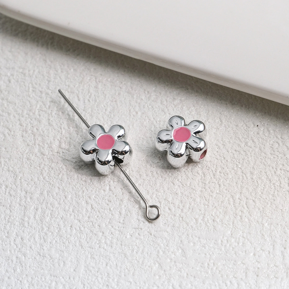 Silver Cherry Blossom Acrylic Beads 12mm Enamel 50pcs 6