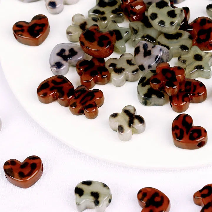 Leopard Pattern Heart Star Flower Resin Beads 15-19mm Glossy 10pcs