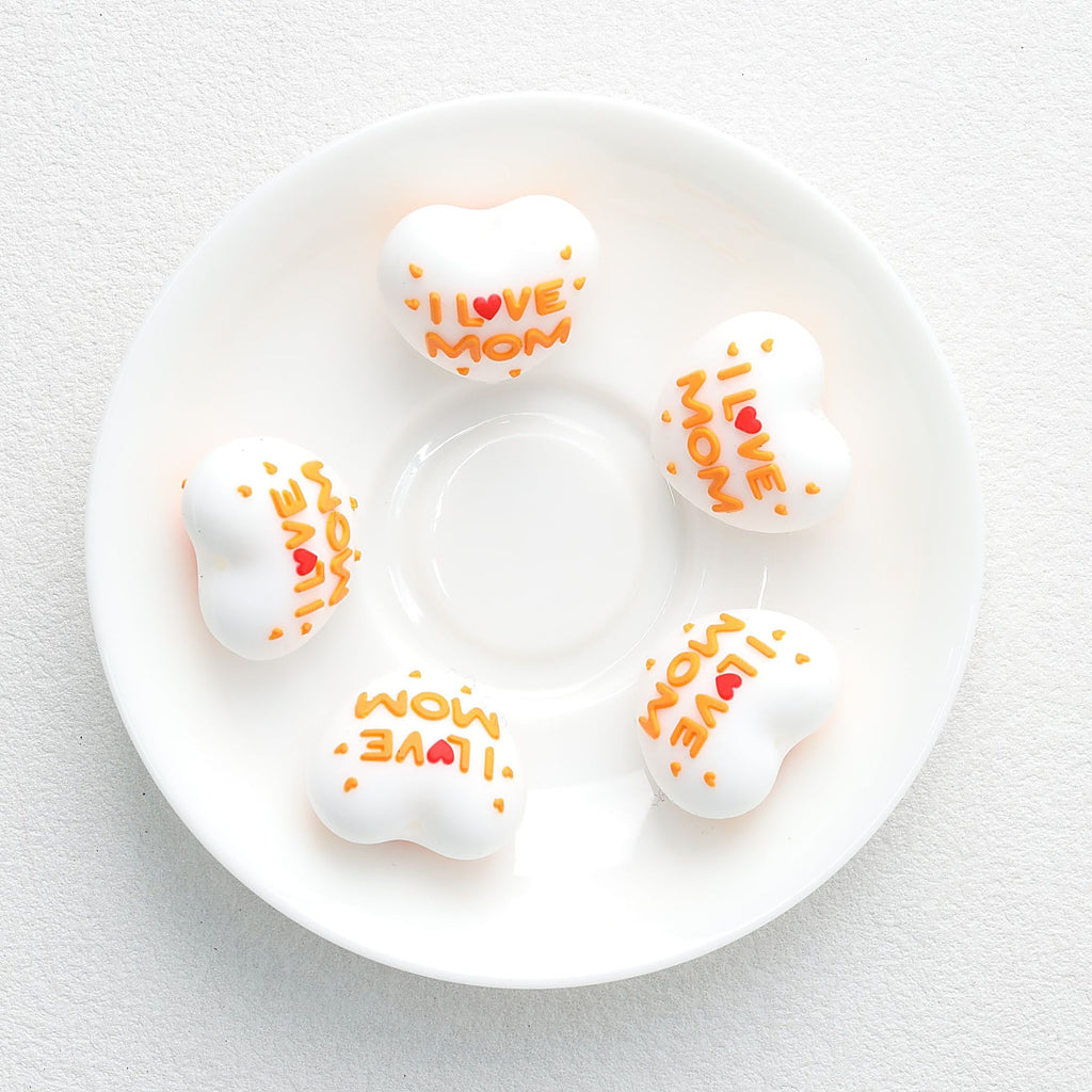 I Love Mom Heart 3D Silicone Focal Beads White Orange Red 20pcs