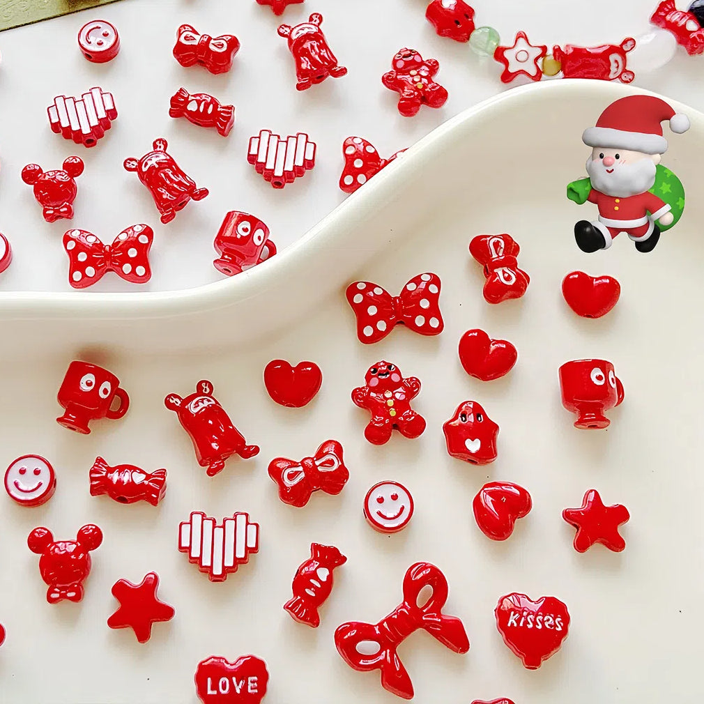 Christmas Painted Alloy Metal Beads Bright Red Glossy White 10pcs