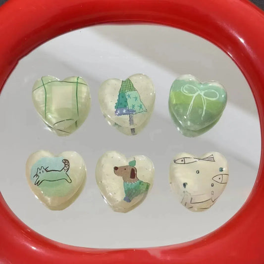 Cottagecore Heart Acrylic Beads 25mm Printed Translucent Green 10pcs