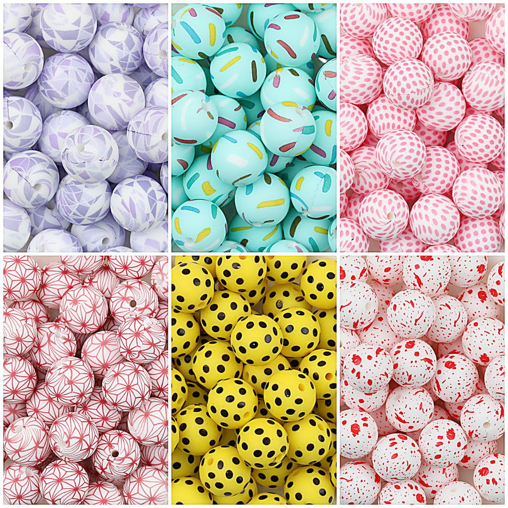 15mm Colorful Polka Dot Print Round Silicone Beads  50pcs