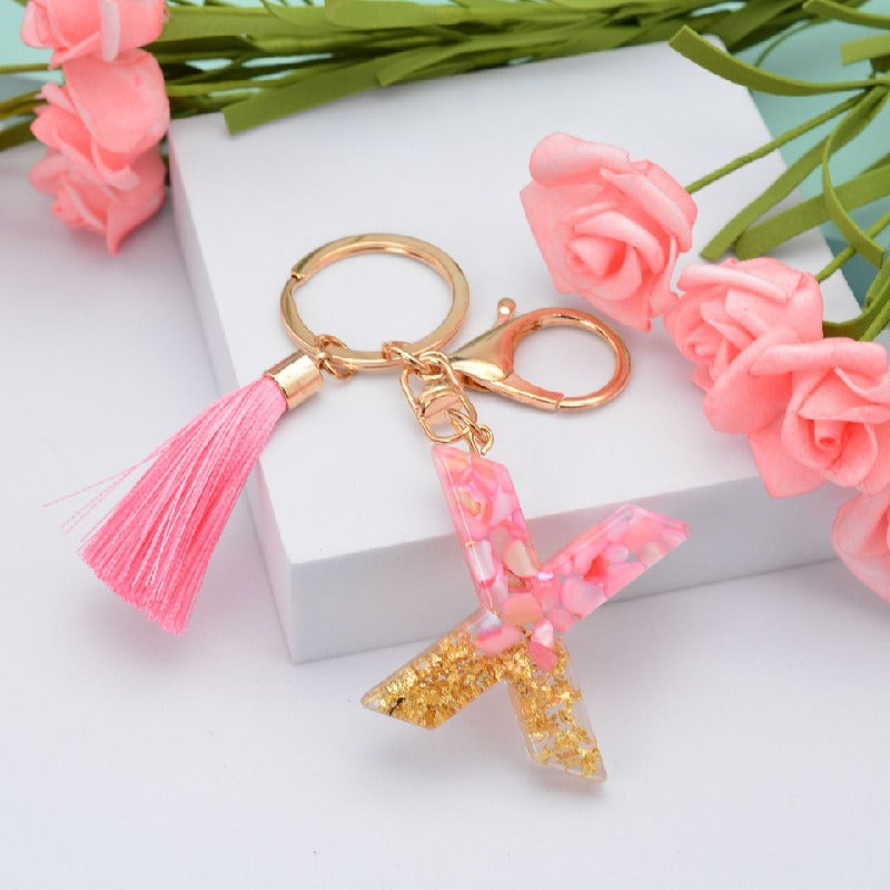 Resin Floral Pink Tassel Monogram Keychain Alphabet Letter A 24