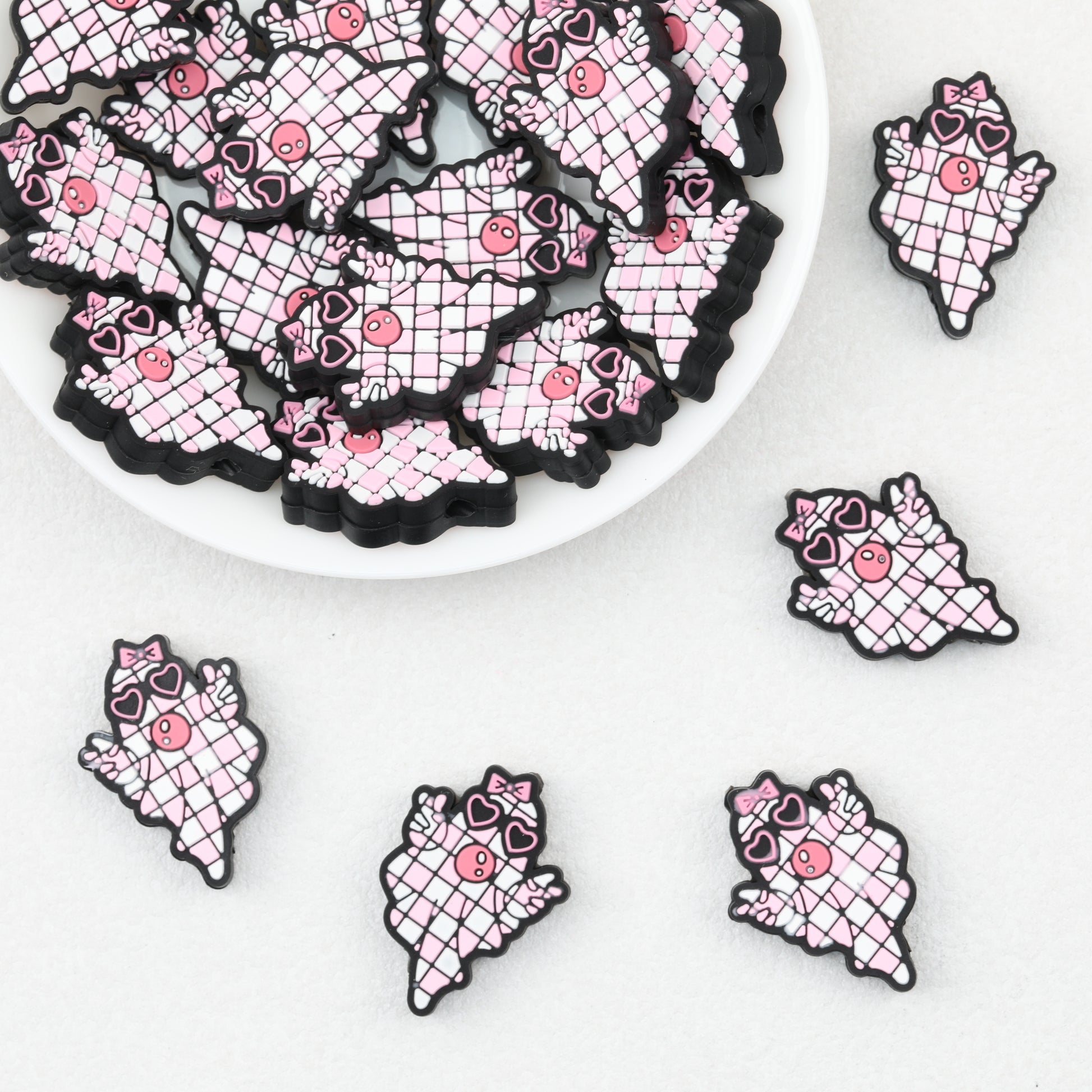 Halloween Pink Checkered Ghost Silicone Focal Beads 20 pcs