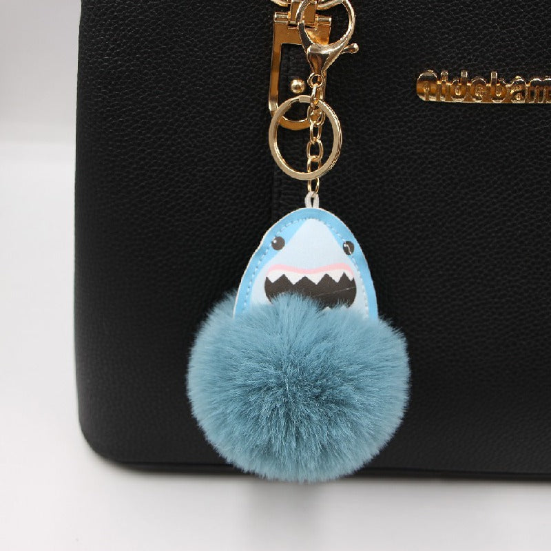 Plush Shark Keychain Blue Leather Face Fluffy Pom Pom Belly 3