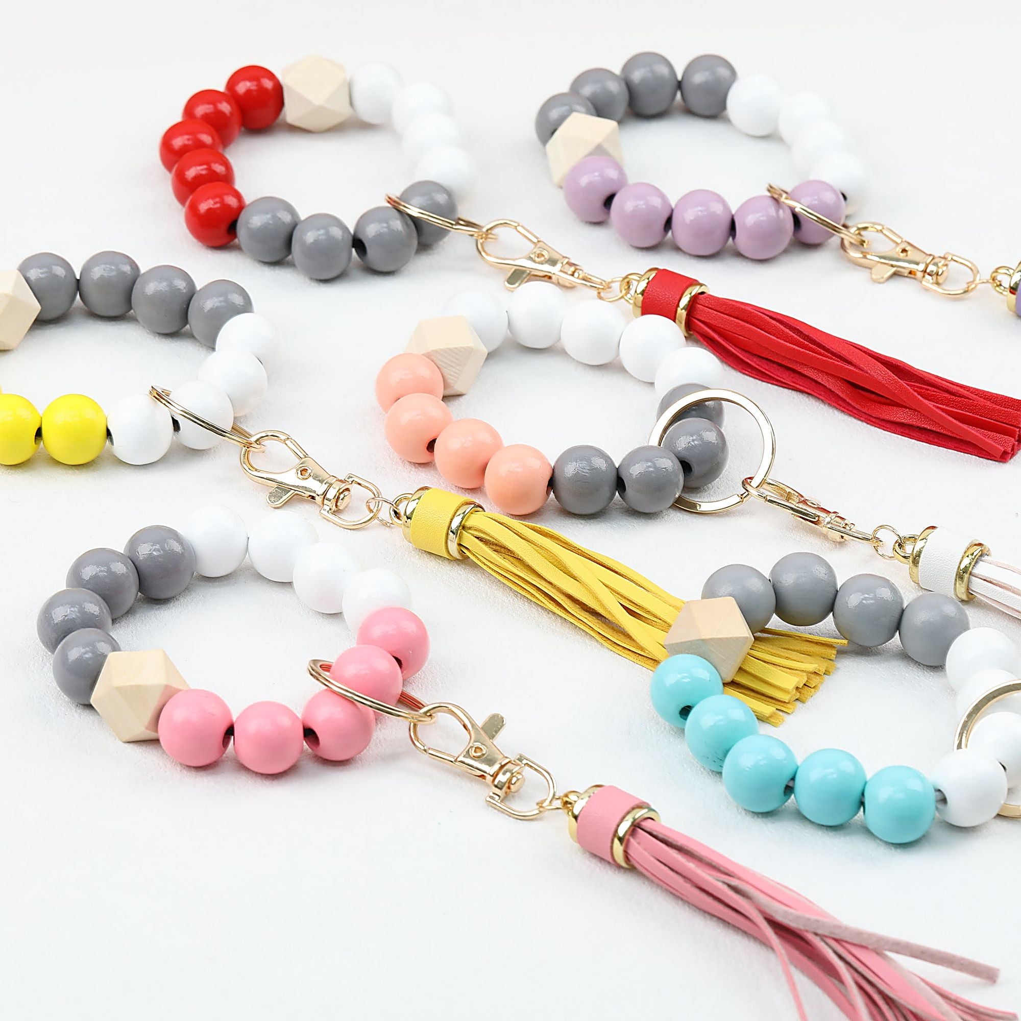 Tassel Wooden Beaded Keychain with PU Leather Tassel 23x10cm