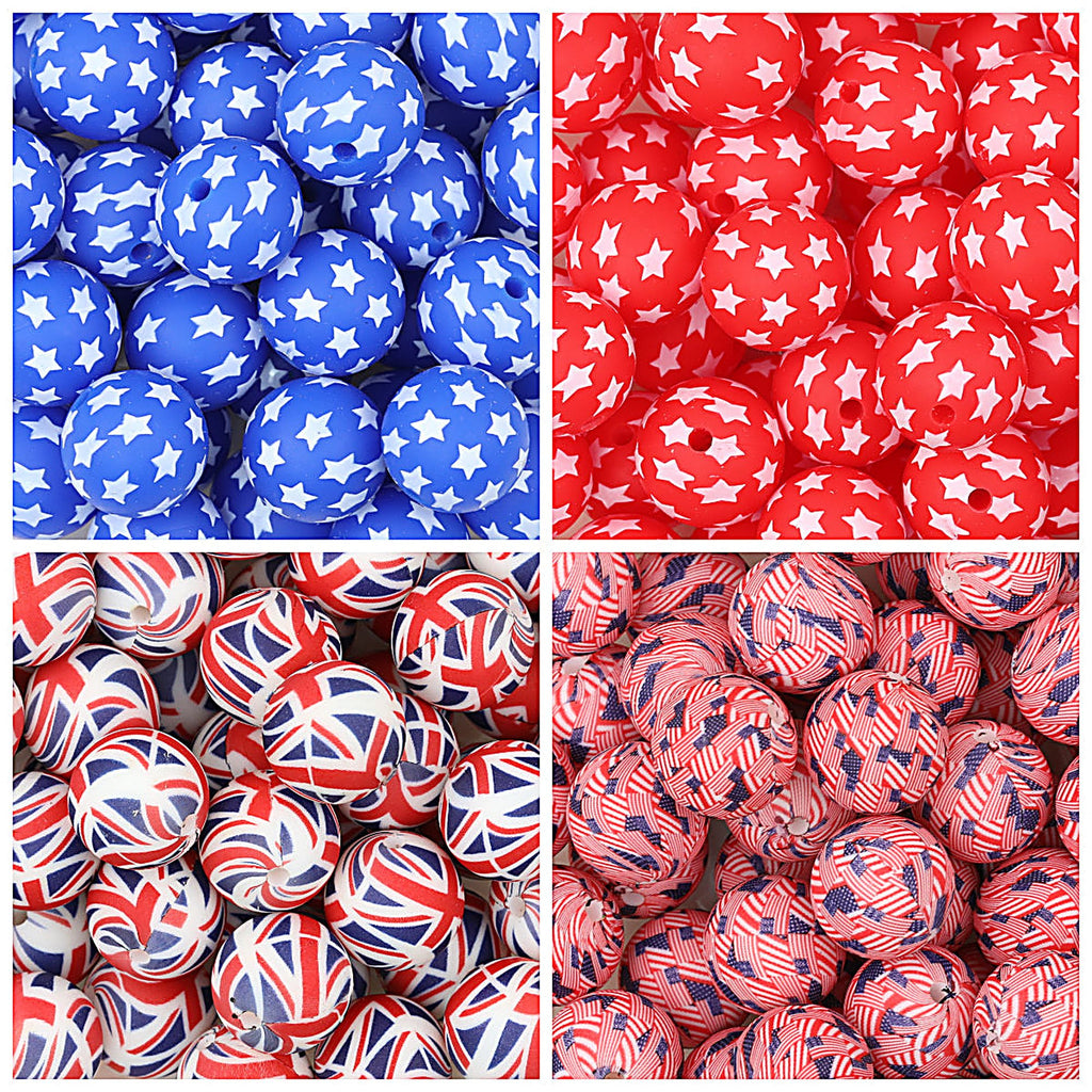 15mm US Themed Printed Silicone Round Beads 50pcs