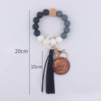 Silicone Bead Wristlet Keychain with Wood Tag and Leather Tassel MAMA 5