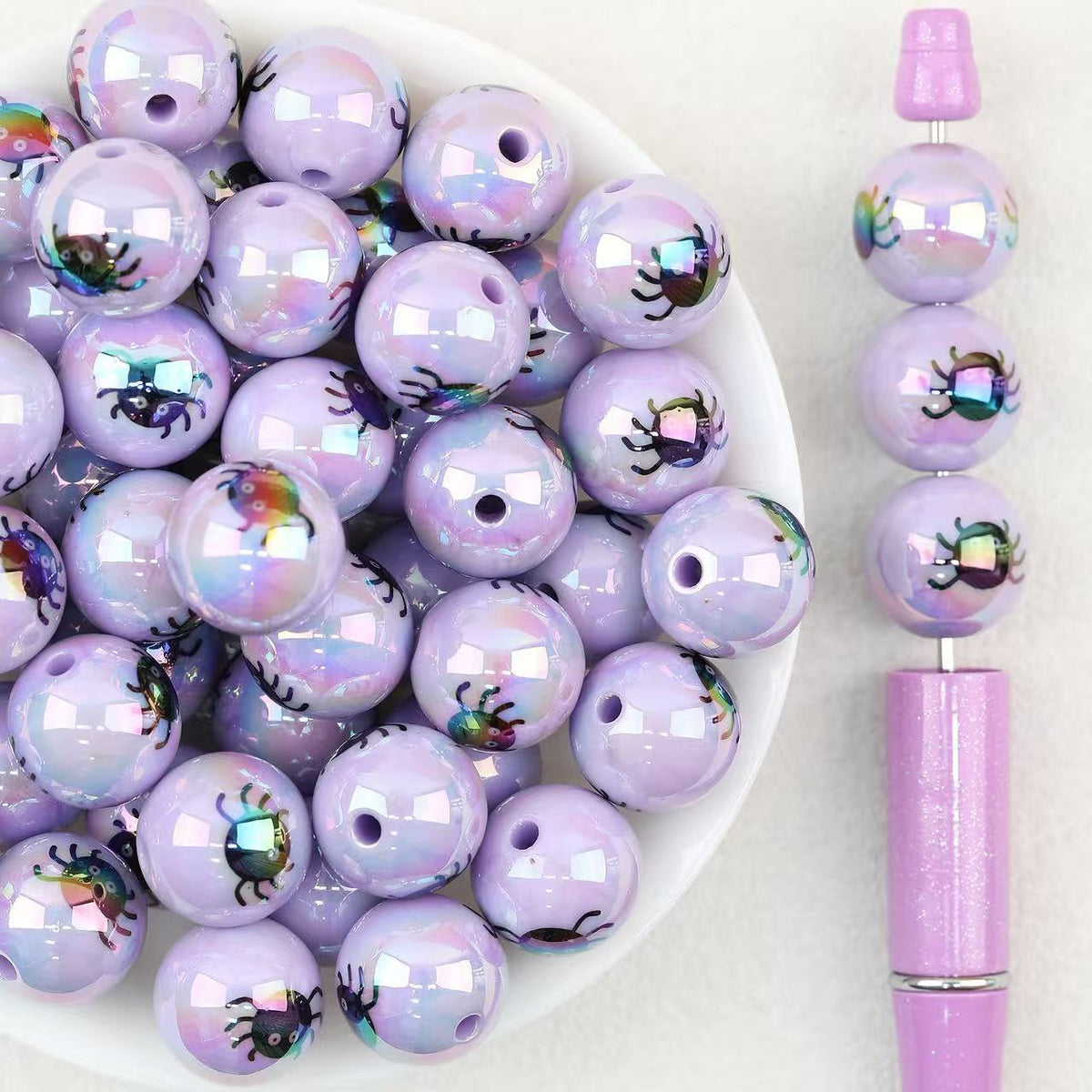 Iridescent Spider Acrylic Beads Wholesale, Purple Halloween Round Design, 16mm