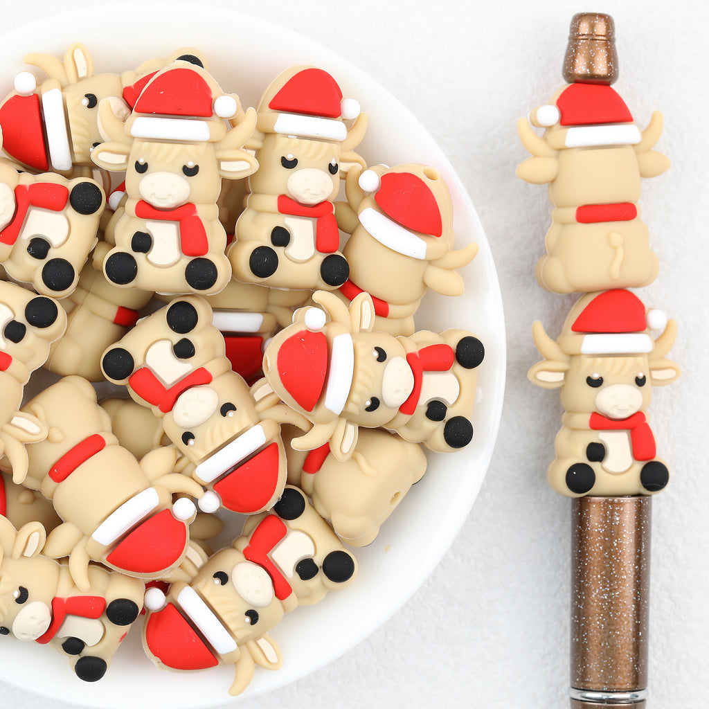 Light Yellow Santa Hat Reindeer 3D Silicone Focal Beads Wholesale, Christmas Red White Details