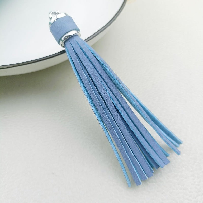 Silver PU Leather Tassel Keychain Metallic 9cm Length 37