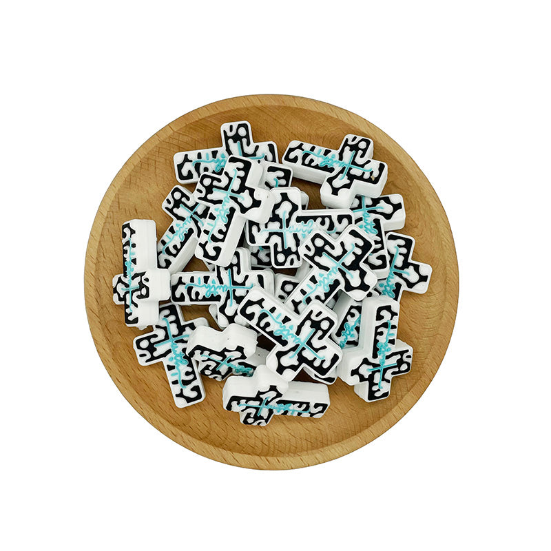 Silicone Focal Beads Cross Black White Turquoise Line 20pcs 2