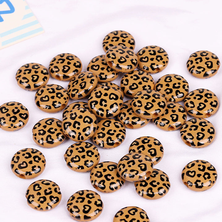 Vintage Flat Resin Beads 24mm Leopard Pattern Brown 10pcs