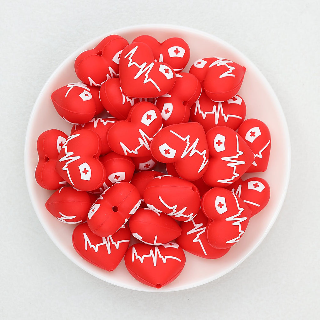 3D Red Heart Shape Silicone Focal Beads with ECG Design 20pcs